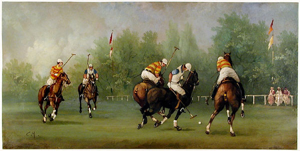 Polo Scene VII, , Polo Scenes (circa 1984), Oil on copper, Image size: 8 x 15 3/4 inches, 22k gold leaf frame with brown crackle sides, Frame size: 10 1/2 x 18 inches.